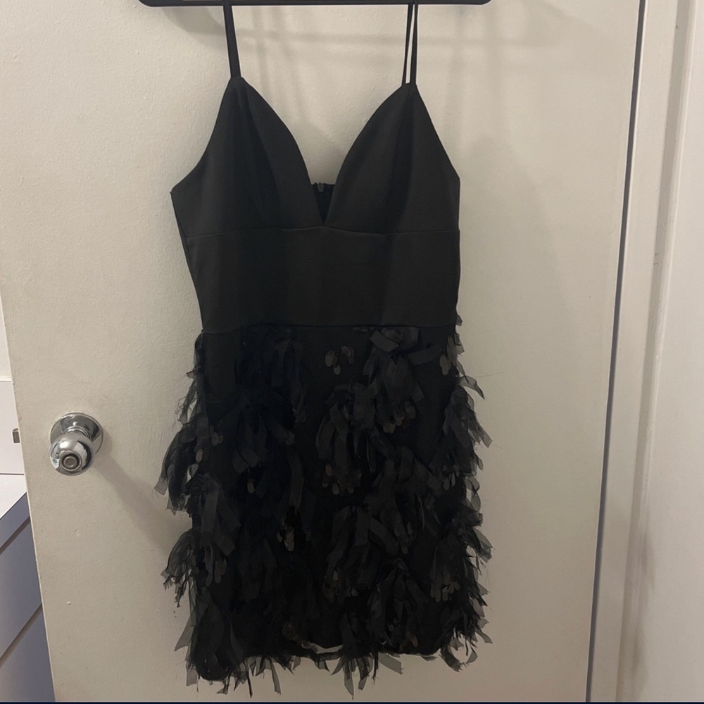 Black feather decor body con dress